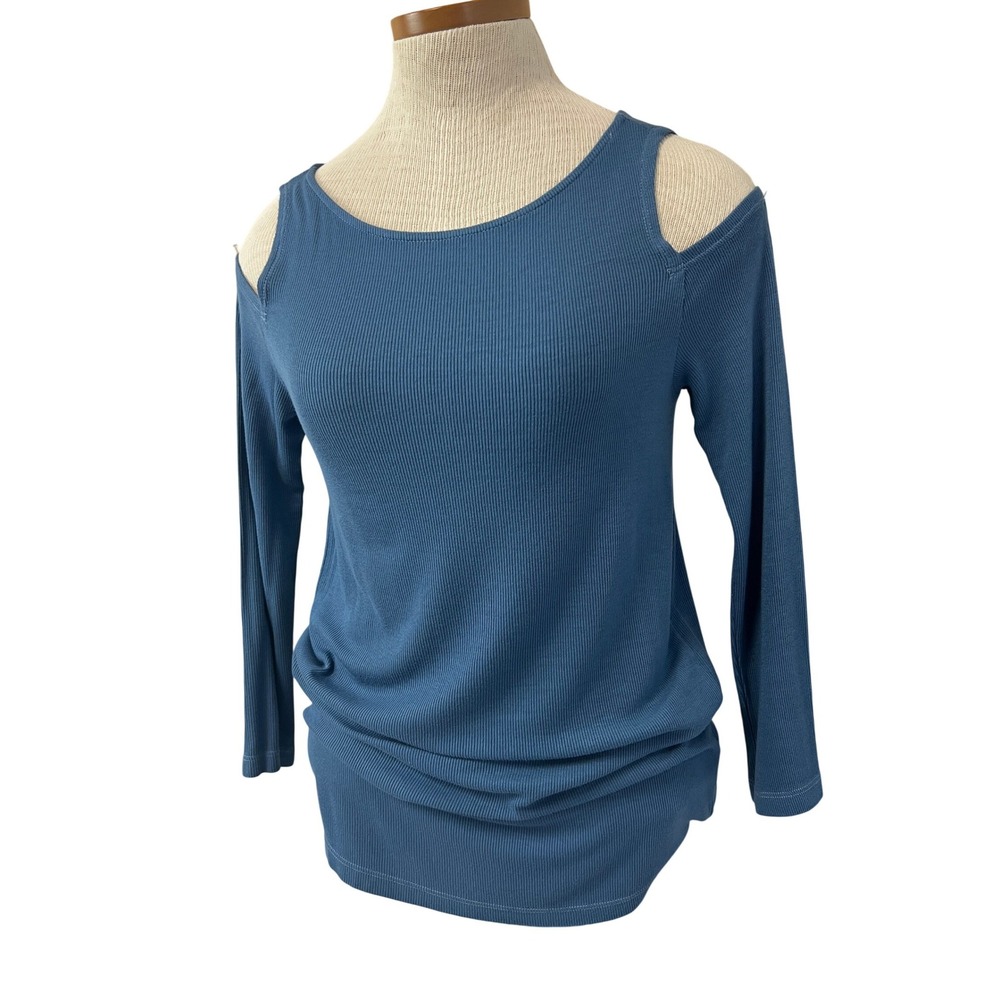 Michael Stars Cold Shoulder Top Women OS Indigo New 3/4 Sleeve Ribbed Knit 8885